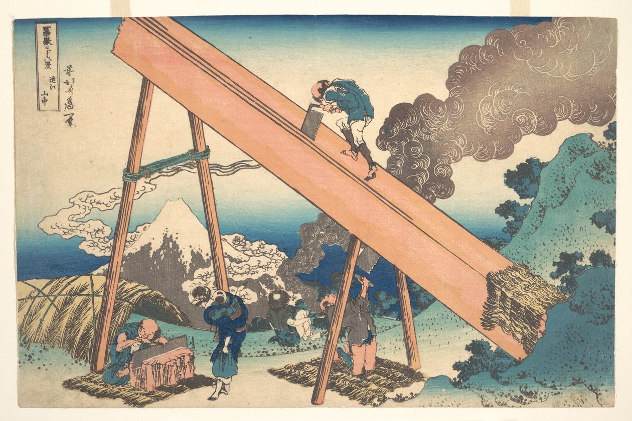 A Tōtomi tartomány hegyei között (Tōtomi sanchū), a „A Fuji-hegy harminchat látképe” (Fugaku sanjūrokkei) című sorozatból alkotó: Katsushika Hokusai