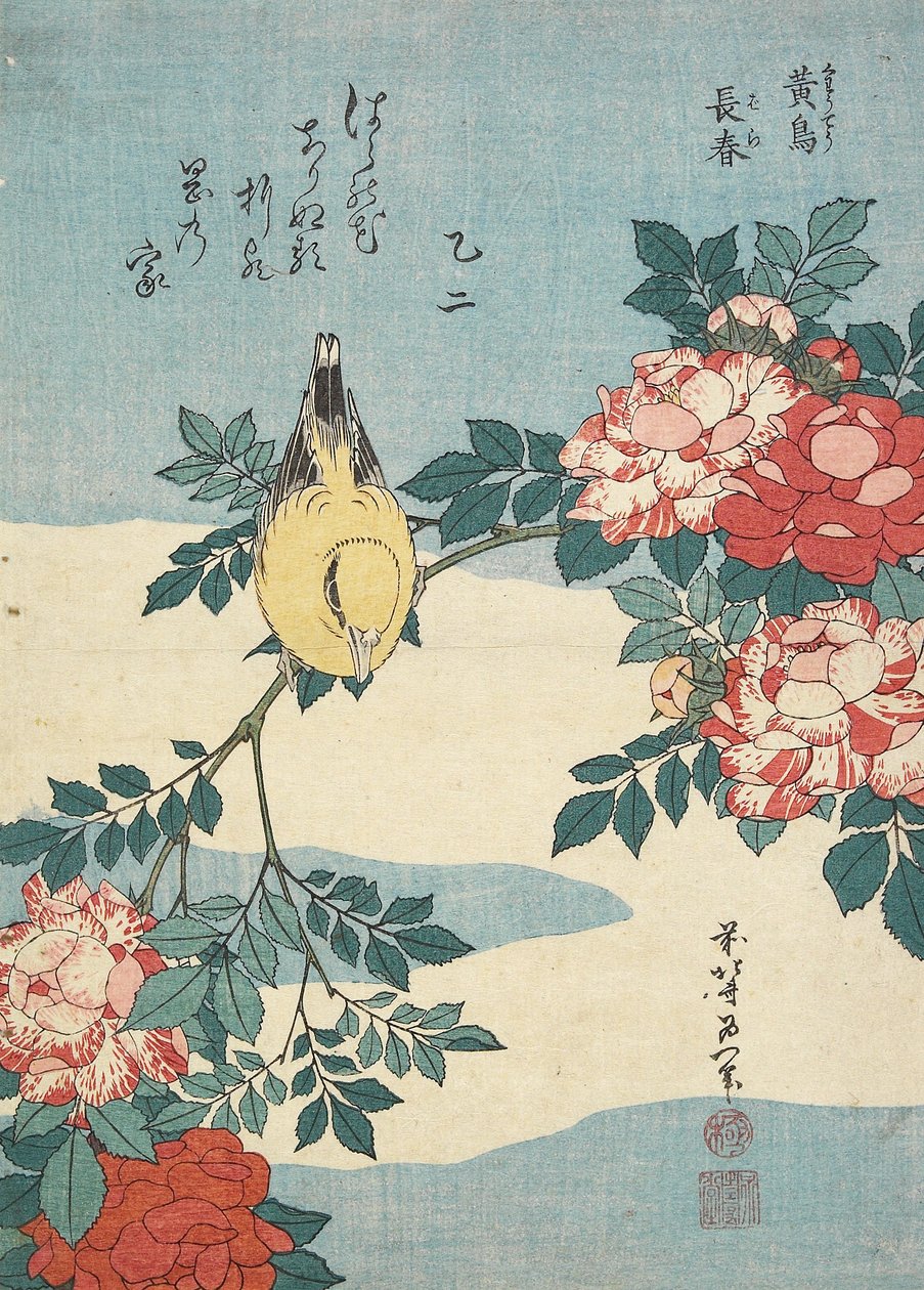 Japán csalogány és rózsaspray, c. 1832 alkotó: Katsushika Hokusai
