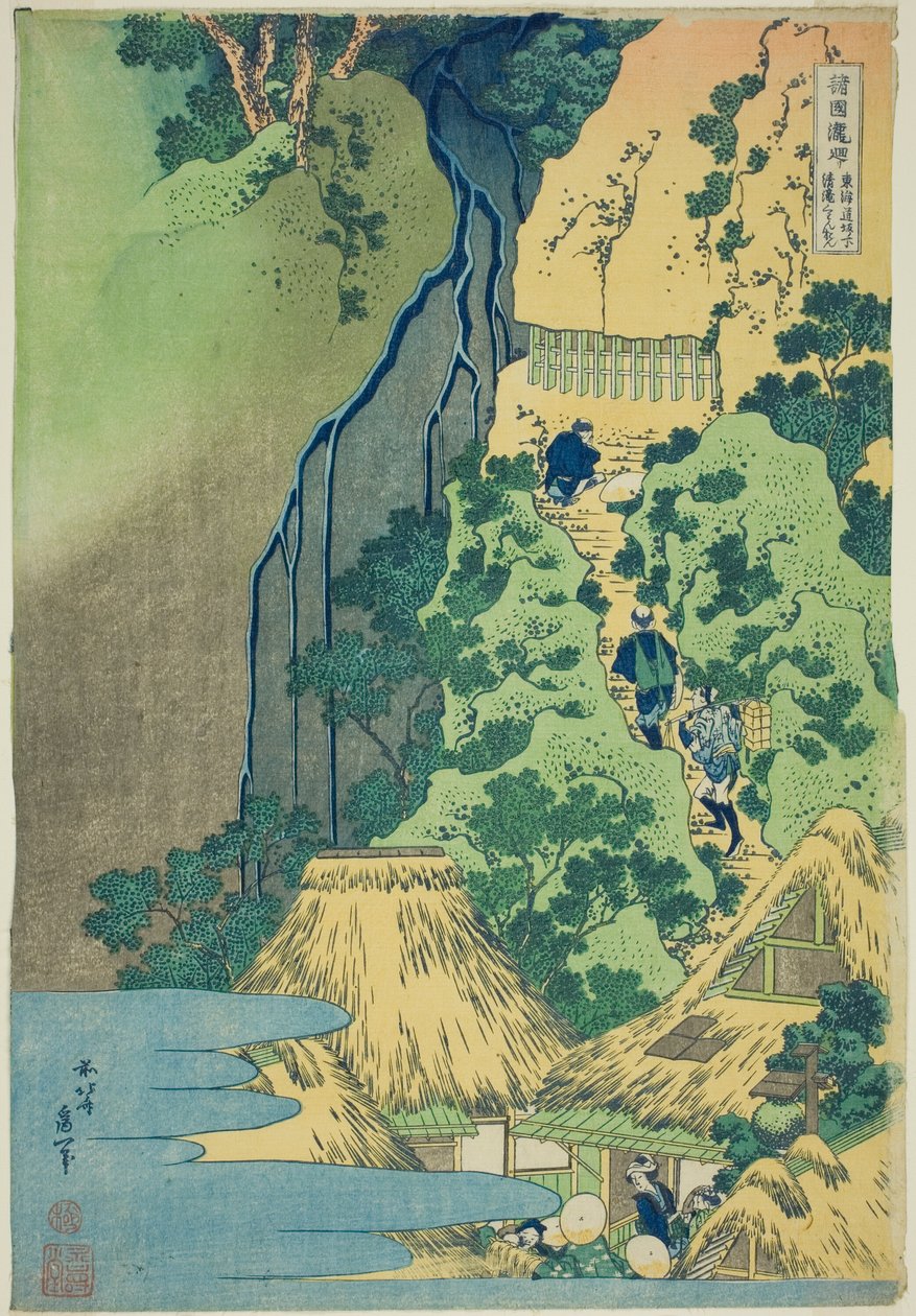 Kannon szentély a Kiyo-vízesésnél a Sakanoshitánál a Tōkaidō-n, a Tour of the Waterfalls in Various Provinces (Shokoku taki meguri) sorozatból alkotó: Katsushika Hokusai