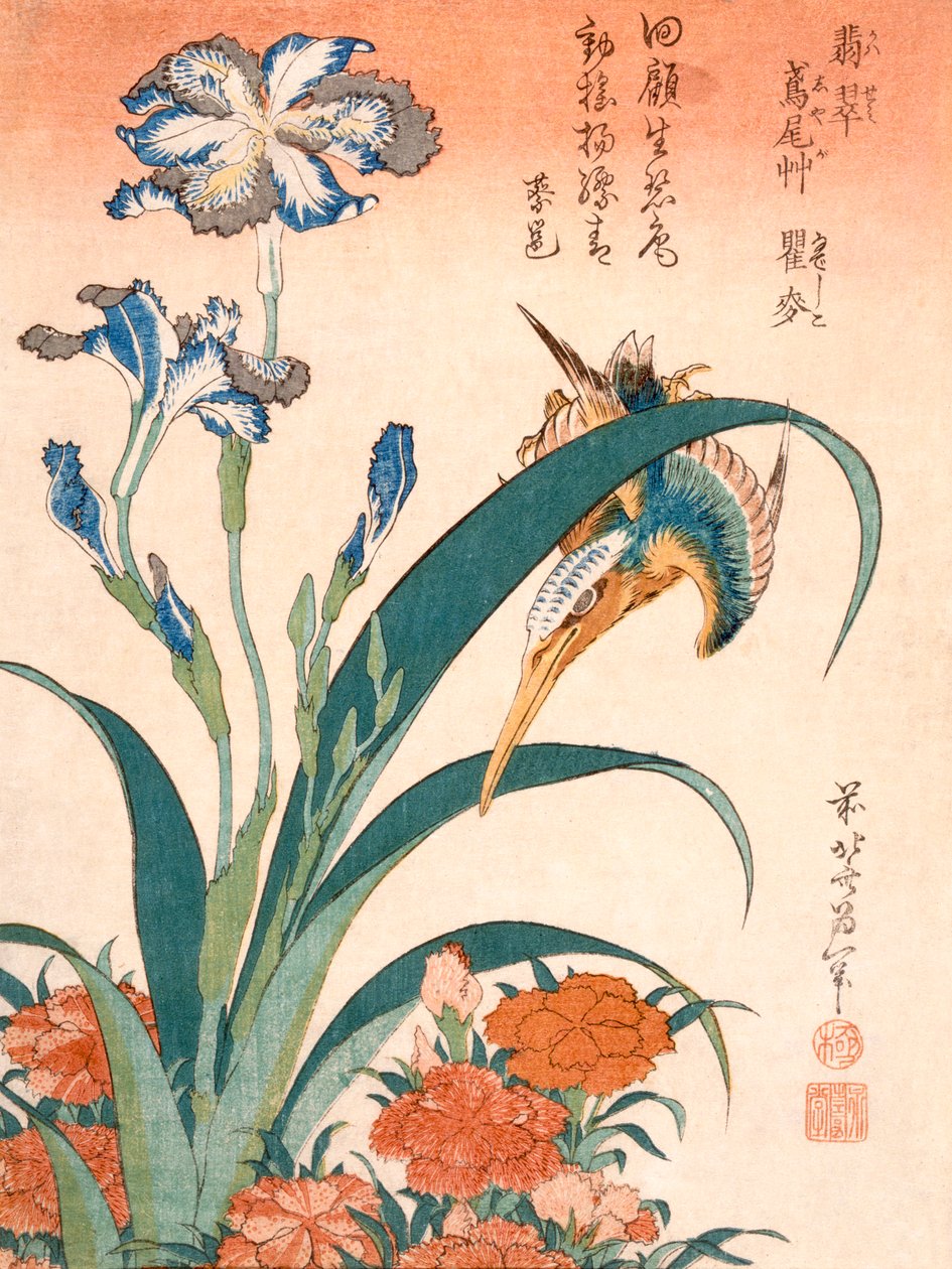Jégmadár, íriszek és rózsaszínek (színes fatömbnyomat) alkotó: Katsushika Hokusai