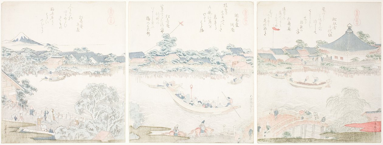 Komagata Csarnok és O-umaya folyópart, a "Lóválogatás (Uma zukushi)" sorozatból alkotó: Katsushika Hokusai