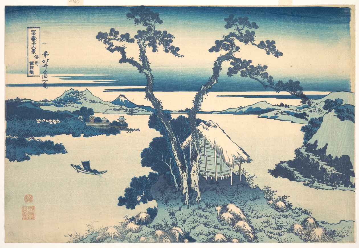 A Suwa-tó a Shinano tartományban (Shinshū Suwako), a „A Fuji-hegy harminchat látképe” (Fugaku sanjūrokkei) című sorozatból alkotó: Katsushika Hokusai