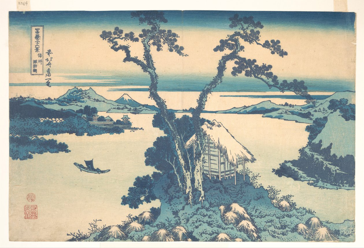 A Suwa-tó a Shinano tartományban (Shinshū Suwako), a „A Fuji-hegy harminchat látképe” (Fugaku sanjūrokkei) című sorozatból alkotó: Katsushika Hokusai