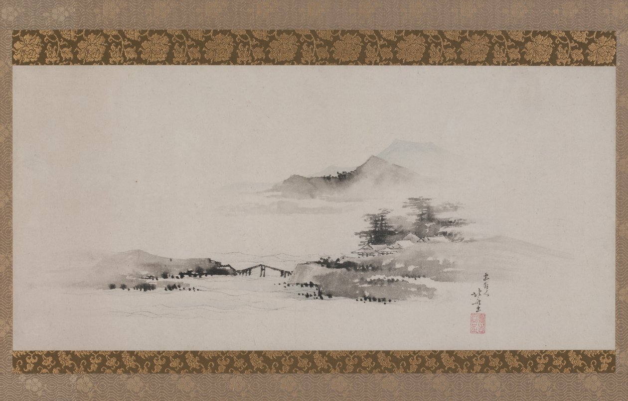 Tájkép, Edo-korszak, 1801-2002 körül (tinta és szín a papíron, függő tekercsként rögzítve) alkotó: Katsushika Hokusai