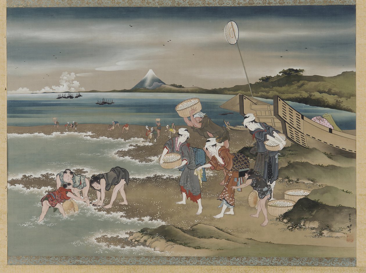 Táj: kagylógyűjtők a parton (tinta és szín selyemen) alkotó: Katsushika Hokusai