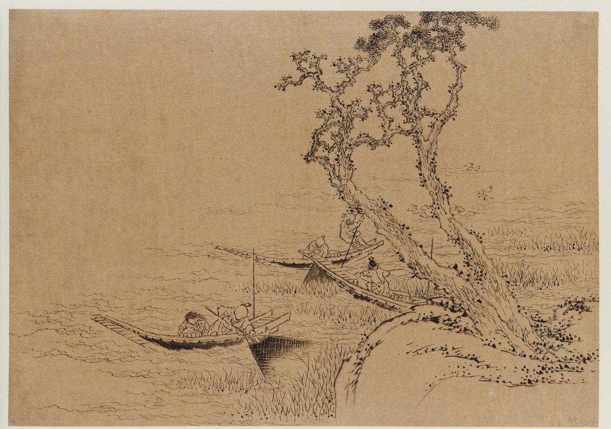 Táj: csónakból halászó alakok, 18. század vége – 19. század eleje. alkotó: Katsushika Hokusai