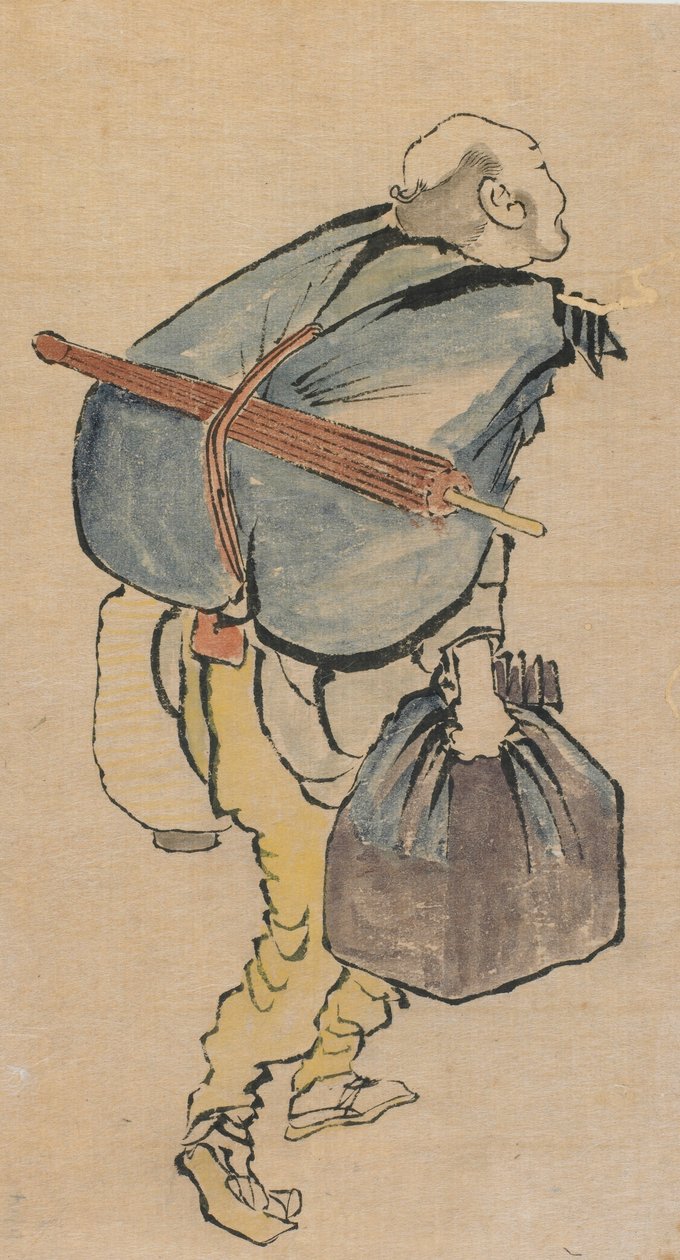 Férfi hátizsákot és lámpást hordozó, 18. század vége – 19. század eleje. alkotó: Katsushika Hokusai