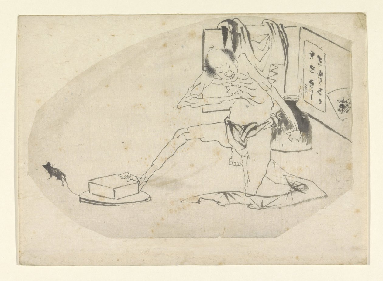 Férfi ágyékkötőben, dobozban és egérben alkotó: Katsushika Hokusai