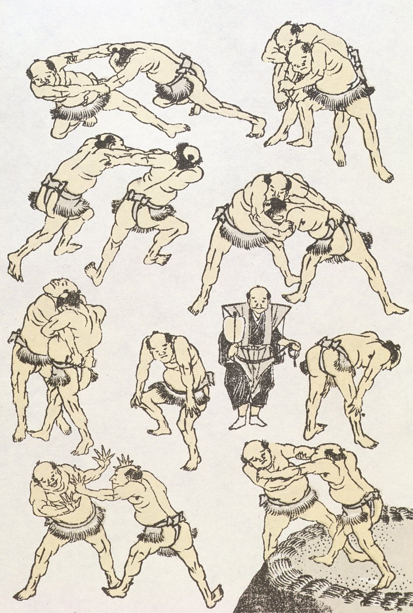 Manga: tanulmányok a birkózók gesztusairól és testtartásáról, pub. 1849, (színes fametszet) alkotó: Katsushika Hokusai