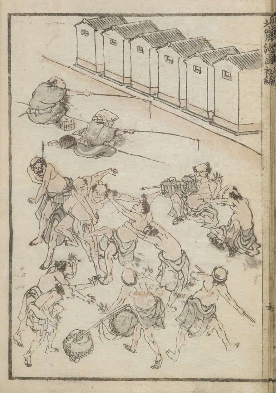 Férfi birkózás és horgászat (faminta) alkotó: Katsushika Hokusai