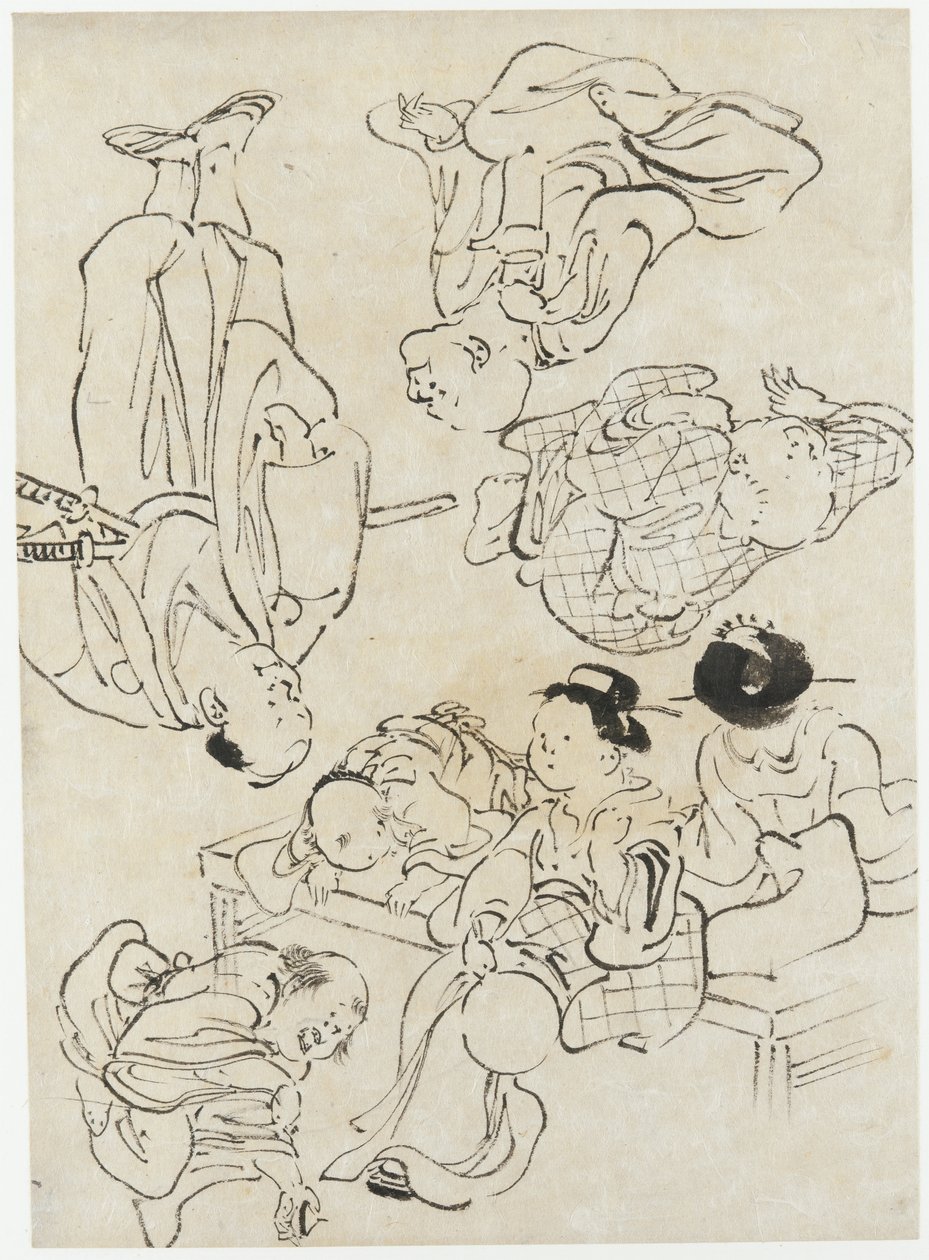 Különféle figurák: nyári örömök, verandán ülő figurák és (alsó) szamuráj, Edo-korszak (tinta papíron) alkotó: Katsushika Hokusai