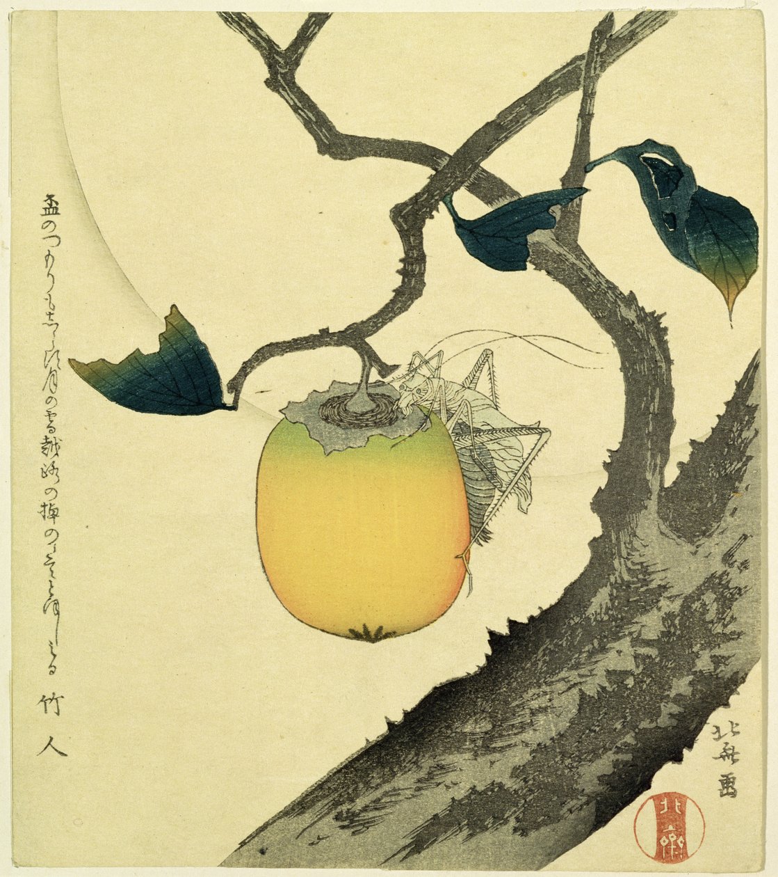 Hold, Datolyaszilva és Szöcske, 1807 (színes fametszet) alkotó: Katsushika Hokusai