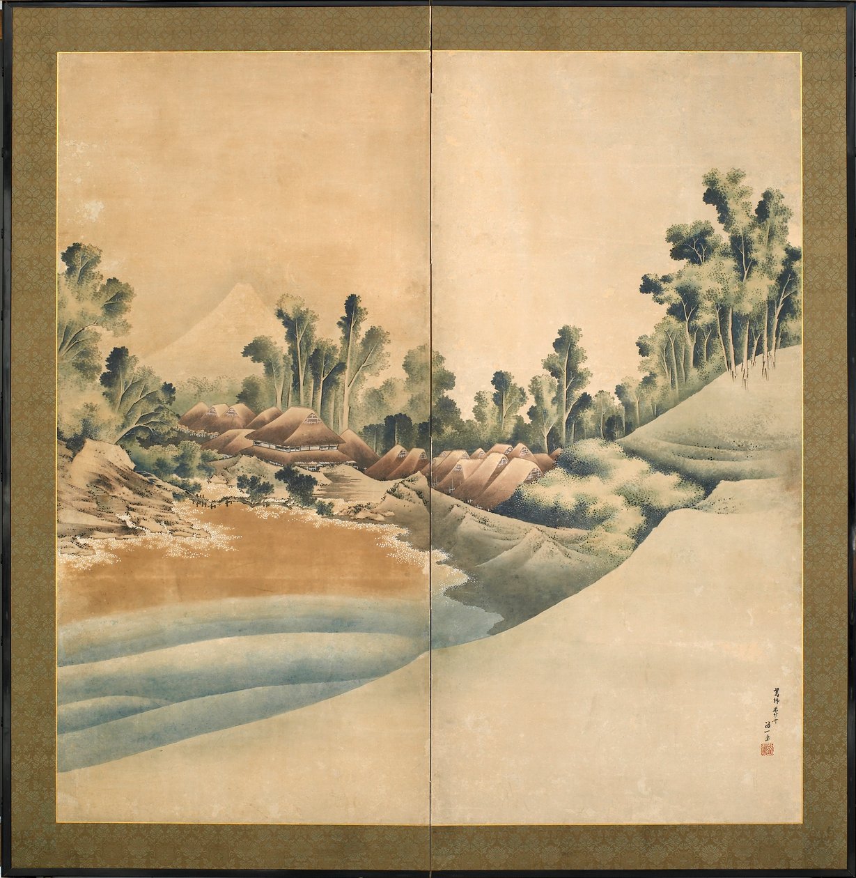 Fuji-hegy és Enosima, Edo-korszak, 1825 körül (tinta és szín a papíron) alkotó: Katsushika Hokusai