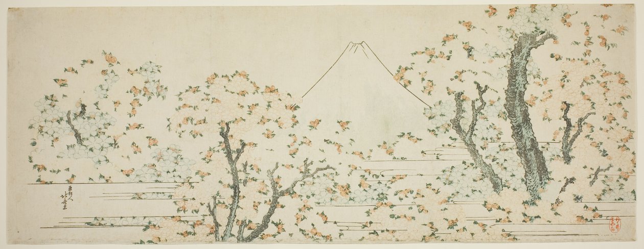 Fuji-hegy virágzó cseresznyefákkal alkotó: Katsushika Hokusai