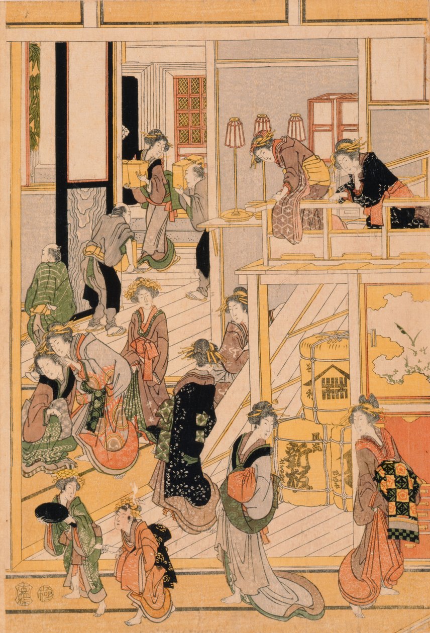 Újév napja az Ogi-ya Teaházban. c.1810 (színes fatömbnyomat) (a készlethez lásd: 277796-277798) alkotó: Katsushika Hokusai