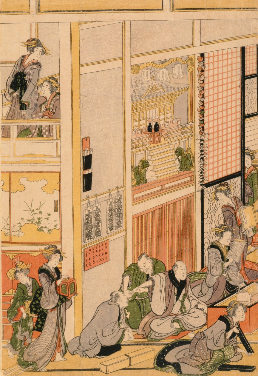 Újév napja az Ogi-ya Teaházban. c.1810 (színes fatömbnyomat) (a készletet lásd: 277765 és 277797-277798) alkotó: Katsushika Hokusai