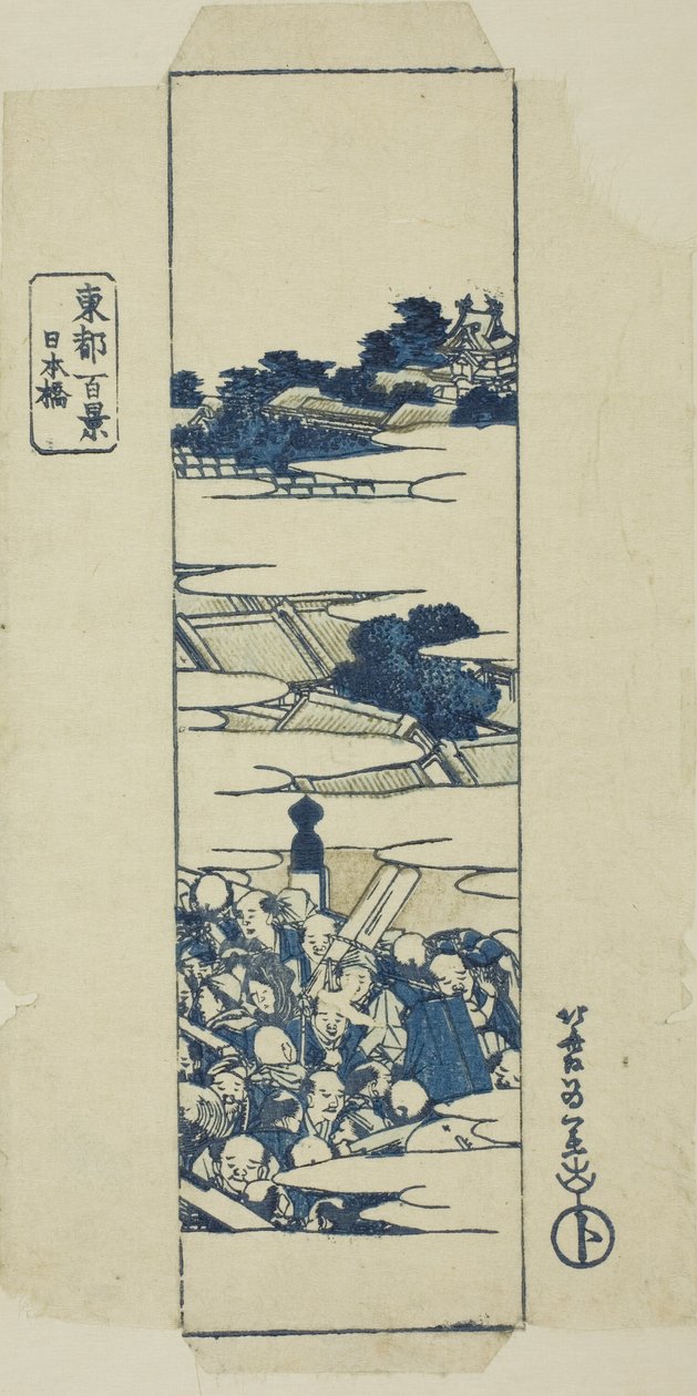 Nihonbashi híd, a "Száz kilátás a keleti fővárosról (Toto hyakkei)" sorozathoz. alkotó: Katsushika Hokusai