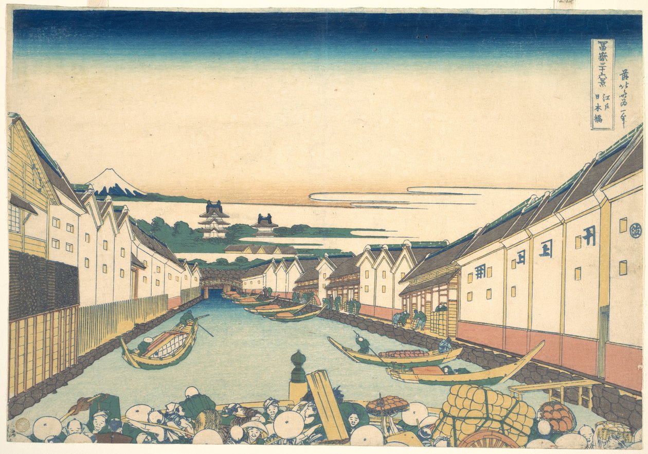 Nihonbashi Edóban (Edo Nihonbashi), a „A Fuji-hegy harminchat látképe” (Fugaku sanjūrokkei) című sorozatból alkotó: Katsushika Hokusai