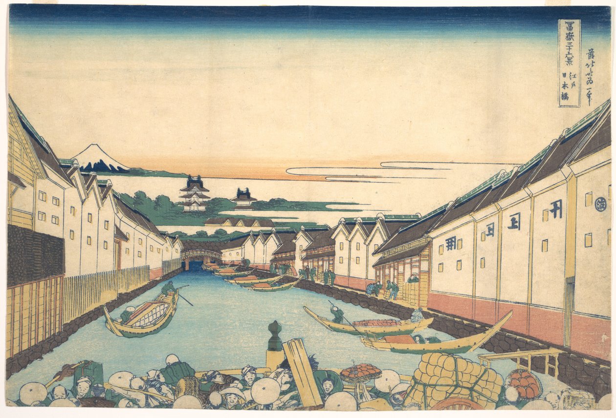 Nihonbashi Edóban (Edo Nihonbashi), a „A Fuji-hegy harminchat látképe” (Fugaku sanjūrokkei) című sorozatból alkotó: Katsushika Hokusai