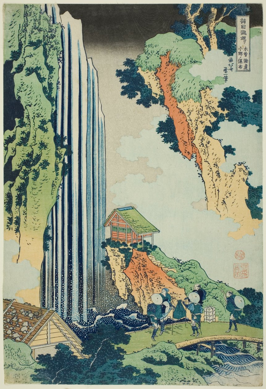 Ono-vízesés a Kisokaidō úton (Kisokaidō Ono no bakufu), a Tour of the Waterfalls in Various Provinces (Shokoku taki meguri) sorozatból alkotó: Katsushika Hokusai