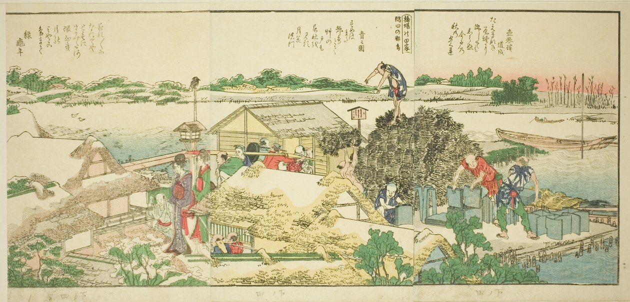 Oldalak a "Panoráma kilátások a Sumida folyó partján (Ehon Sumidagawa ryogan ichiran)" című illusztrált könyvből alkotó: Katsushika Hokusai