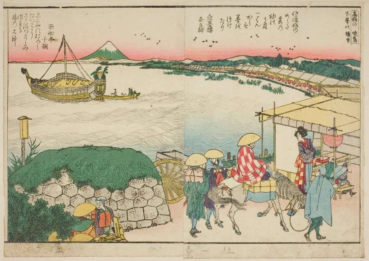Oldalak a "Panoráma kilátások a Sumida folyó partján (Ehon Sumidagawa ryogan ichiran)" című illusztrált könyvből alkotó: Katsushika Hokusai