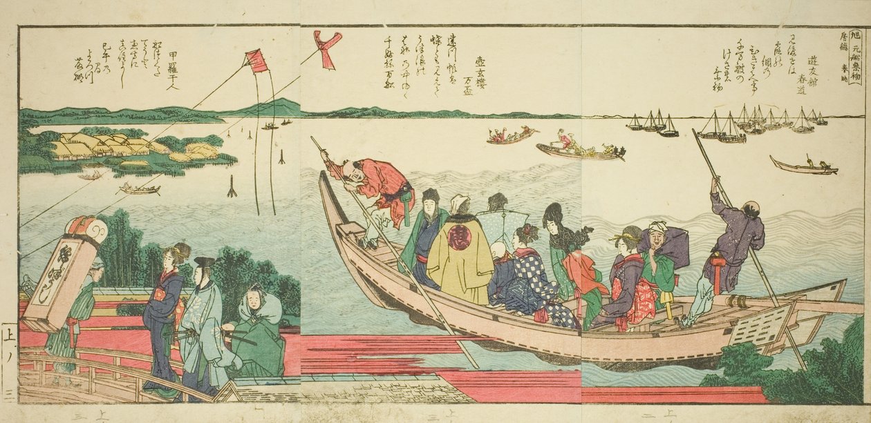 Oldalak a "Panoráma kilátások a Sumida folyó partján (Ehon Sumidagawa ryogan ichiran)" című illusztrált könyvből alkotó: Katsushika Hokusai