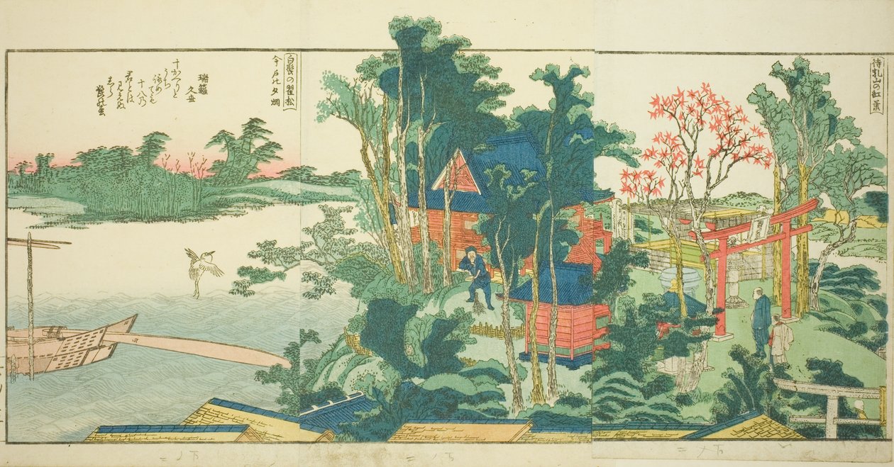 Oldalak a "Panoráma kilátások a Sumida folyó partján (Ehon Sumidagawa ryogan ichiran)" című illusztrált könyvből alkotó: Katsushika Hokusai