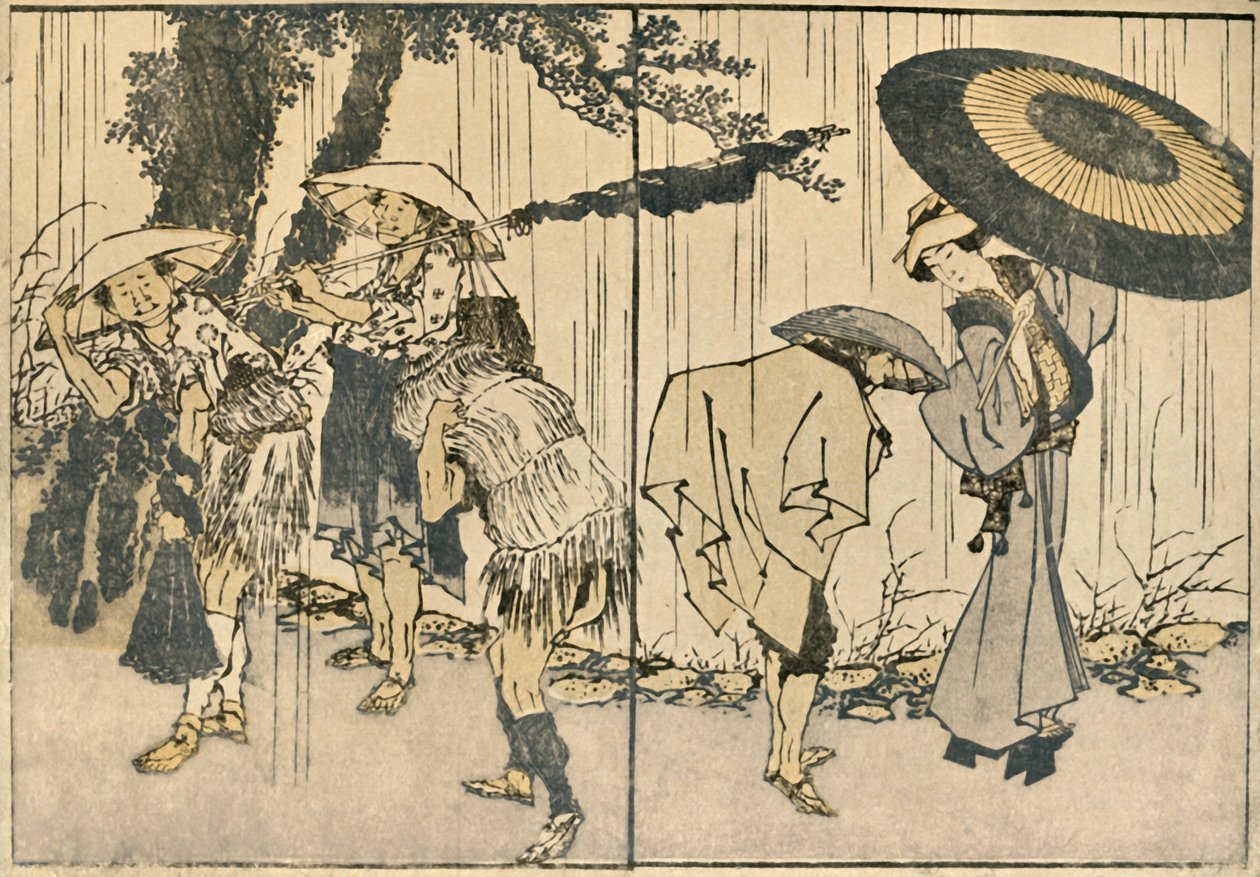 Emberek az esőben, 1819, 1924. alkotó: Katsushika Hokusai