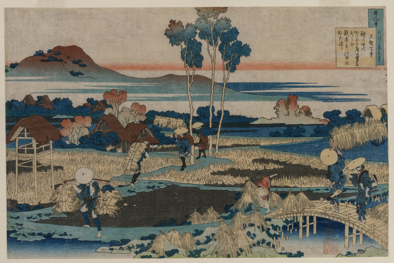 Tenchi császár verse, a Száz költő száz verse, a nővér magyarázata sorozatból alkotó: Katsushika Hokusai