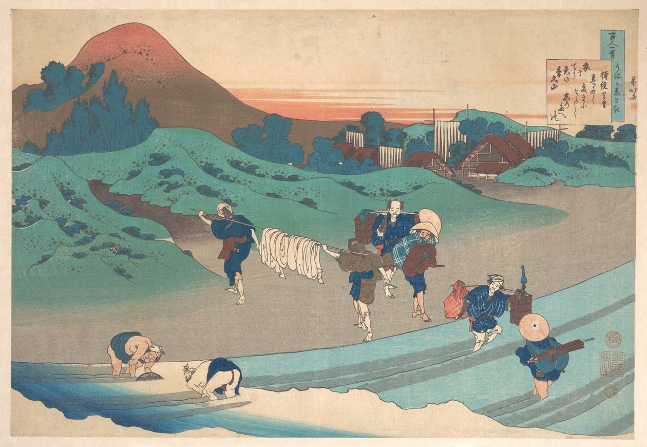 Jitō Tenno (Jitō császárnő) verse, a „Száz vers, amelyet a dajka magyaráz el” (Hyakunin isshu uba ga etoki) című sorozatból alkotó: Katsushika Hokusai