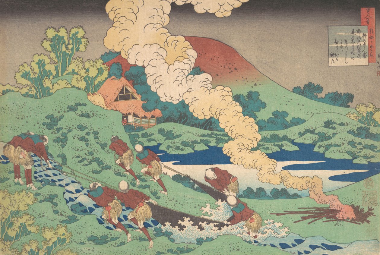 Kakinomoto Hitomaro verse, a Száz vers, a nővér Hya... című sorozatából, 1839. alkotó: Katsushika Hokusai