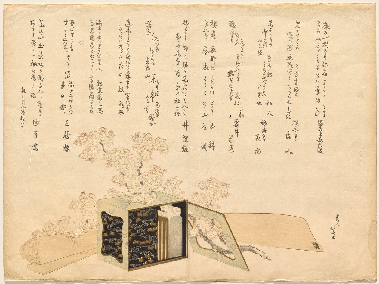 Hordozható, lakkozott piknikkosár és cseresznyevirágok alkotó: Katsushika Hokusai