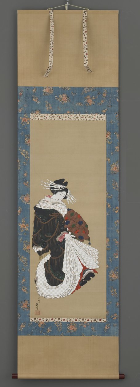 Egy sétáló udvarhölgy portréja, 1815-1819 körül (tinta, szín és arany selyemen) alkotó: Katsushika Hokusai