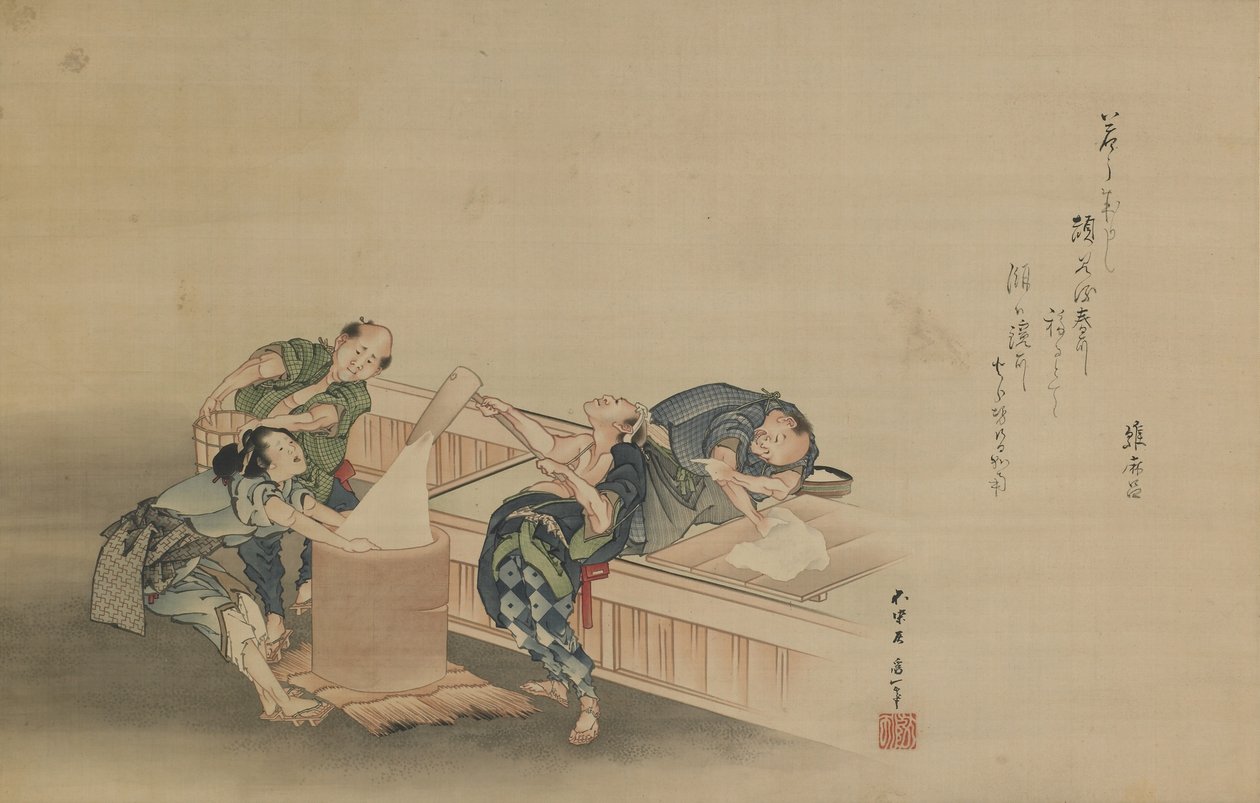 Pounding Rice for Mochi, Momomoto Hinamaro felirata, Edo-korszak, 1822 körül (tinta és szín a selyemen, függő tekercsként rögzítve) alkotó: Katsushika Hokusai