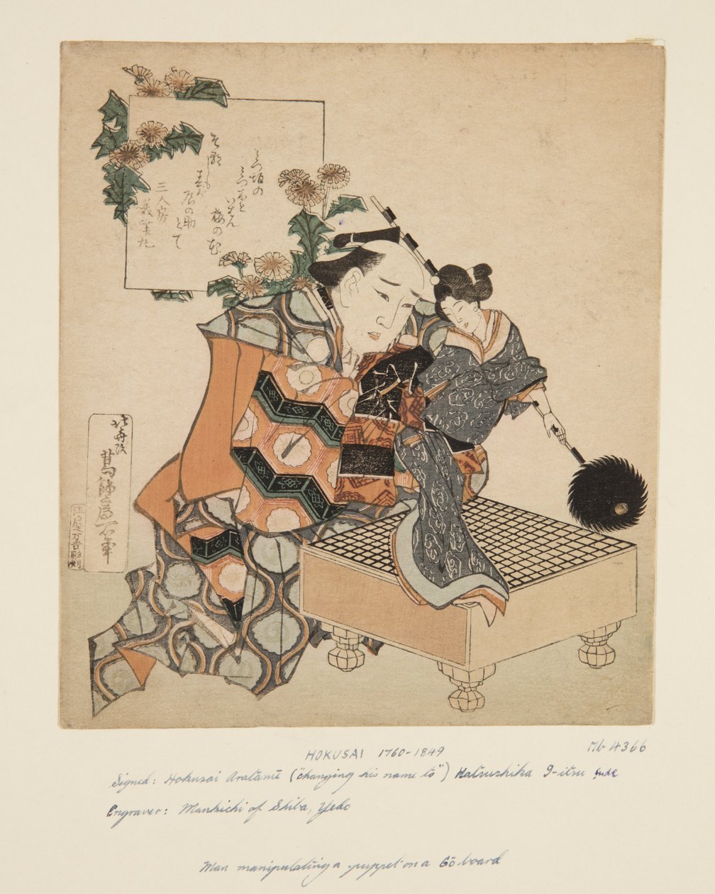 Bábos, aki bábot tartja a táblán (színes fatömbnyomat) alkotó: Katsushika Hokusai