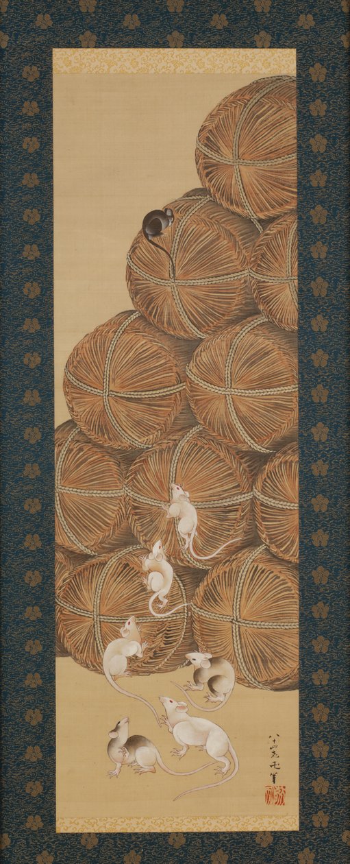 Patkányok és rizsbálák, Edo-korszak, 1843 (tinta és szín a selyemen) alkotó: Katsushika Hokusai
