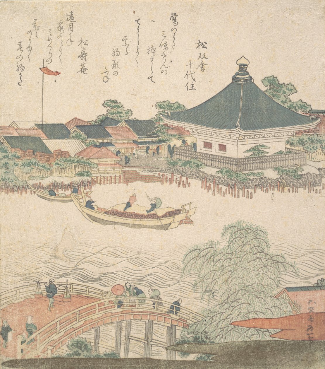 Folyói jelenet híddal az előtérben, kb. 1810. alkotó: Katsushika Hokusai
