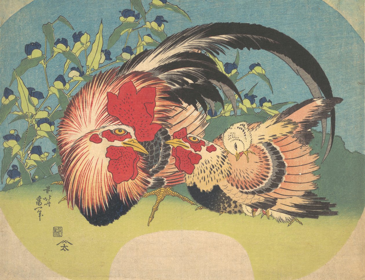 Kakas, tyúk és csirke pókfűvel, kb. 1830-33. alkotó: Katsushika Hokusai