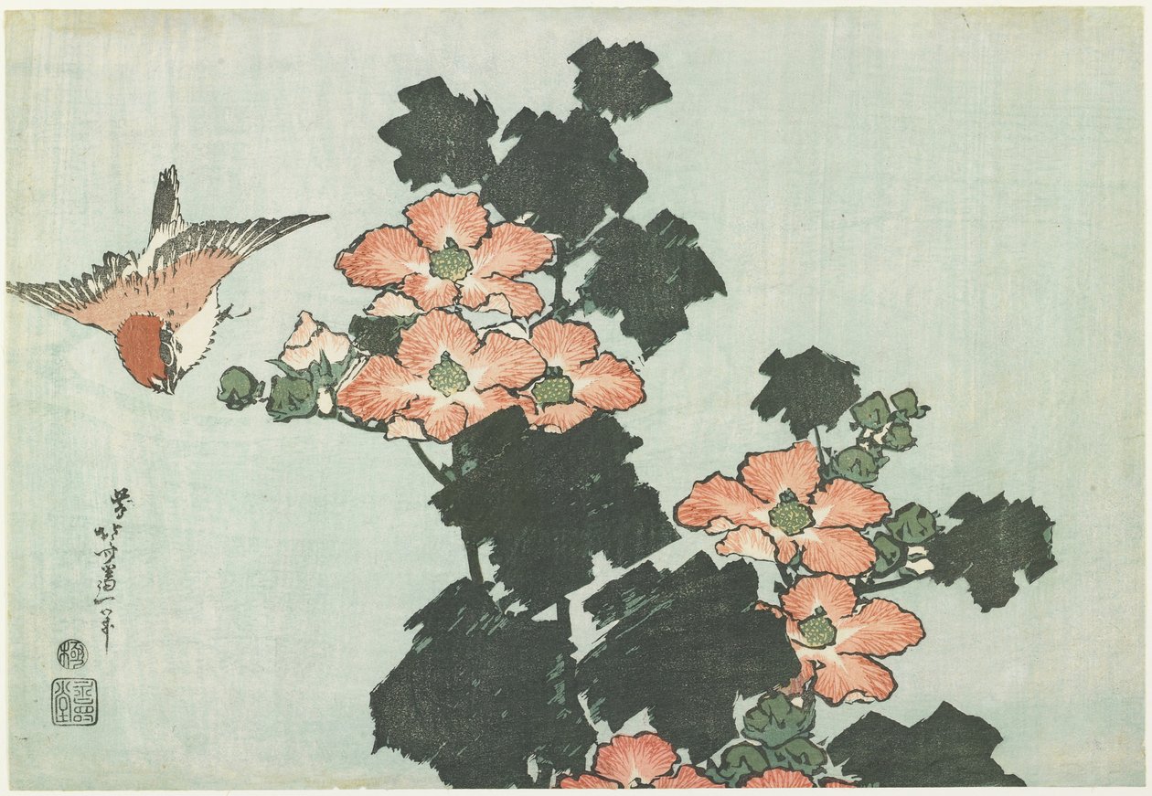 Rózsa mályva és veréb, c. 1832 alkotó: Katsushika Hokusai