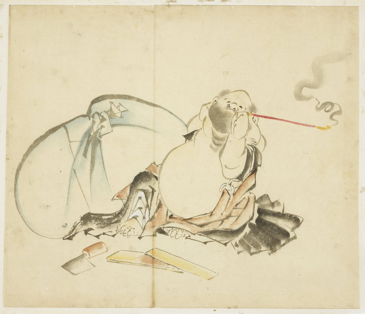 Ülő Hotei Pipázik, kb. 1815-1849 (tinta és szín a papíron) alkotó: Katsushika Hokusai