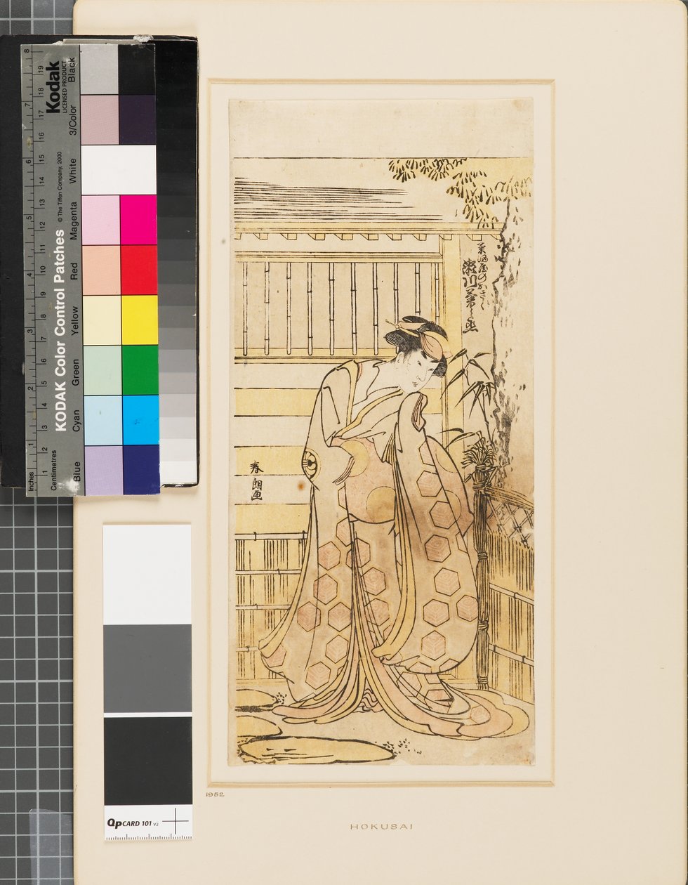 Segawa Kikinojō egy ház előtt egy Hoso-ya kurtizán szerepében. alkotó: Katsushika Hokusai