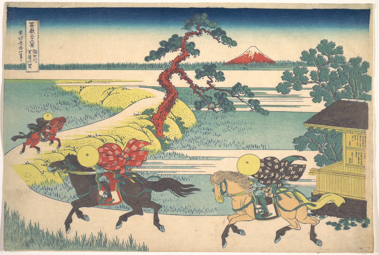 Sekiya falu a Sumida-folyón (Sumidagawa Sekiya no sato), a „A Fuji-hegy harminchat látképe” (Fugaku sanjūrokkei) című sorozatból alkotó: Katsushika Hokusai