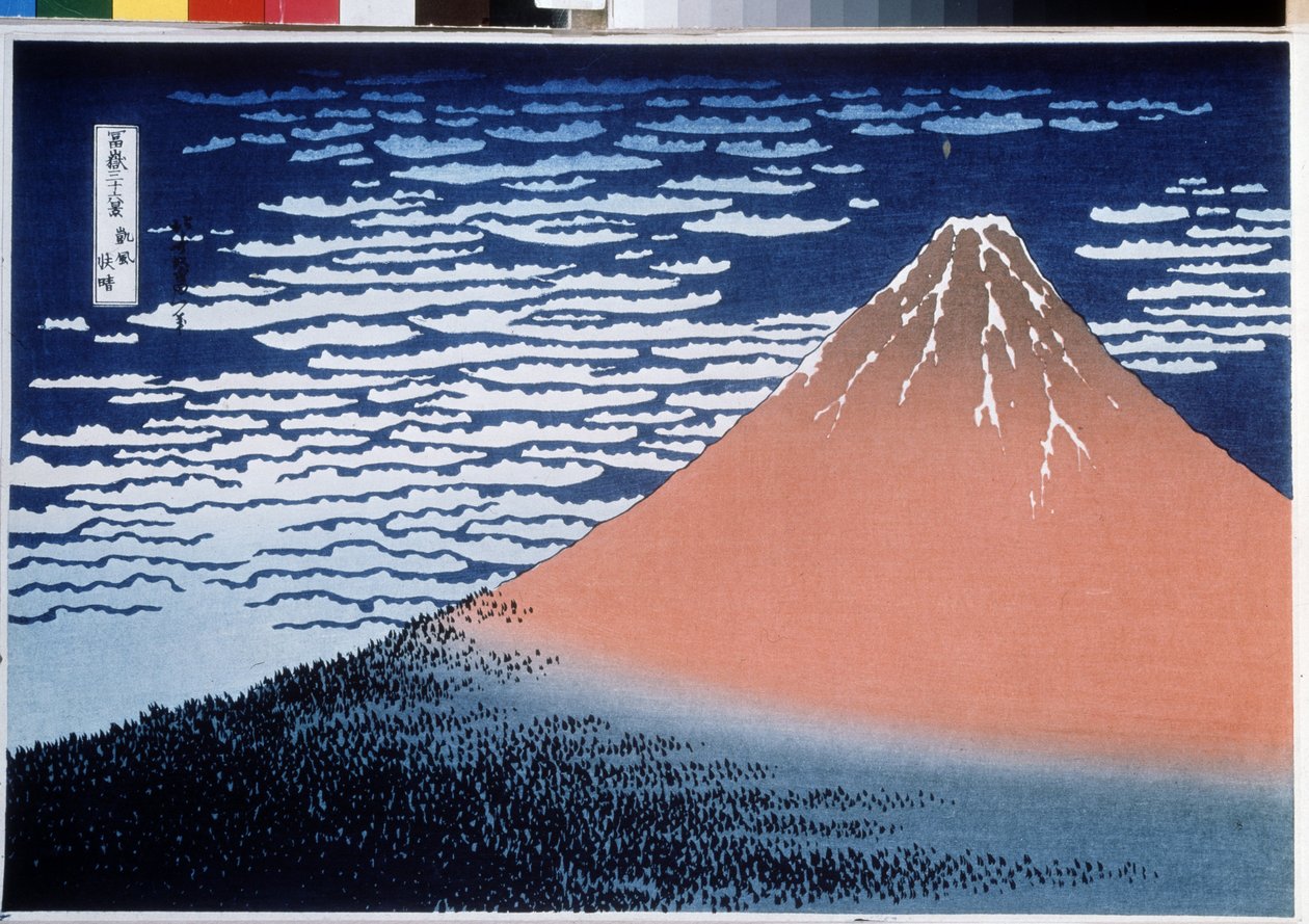 A Fuji-hegy 36-os nézetéből álló sorozat: Fudzsi tiszta napon (Vörös Fudzsinak is nevezik) (Vörös Fudzsi, a 36-os sorozatból, kilátás a Fuji-hegyre). Katsushika Hokusai nyomata (1760-1849) alkotó: Katsushika Hokusai