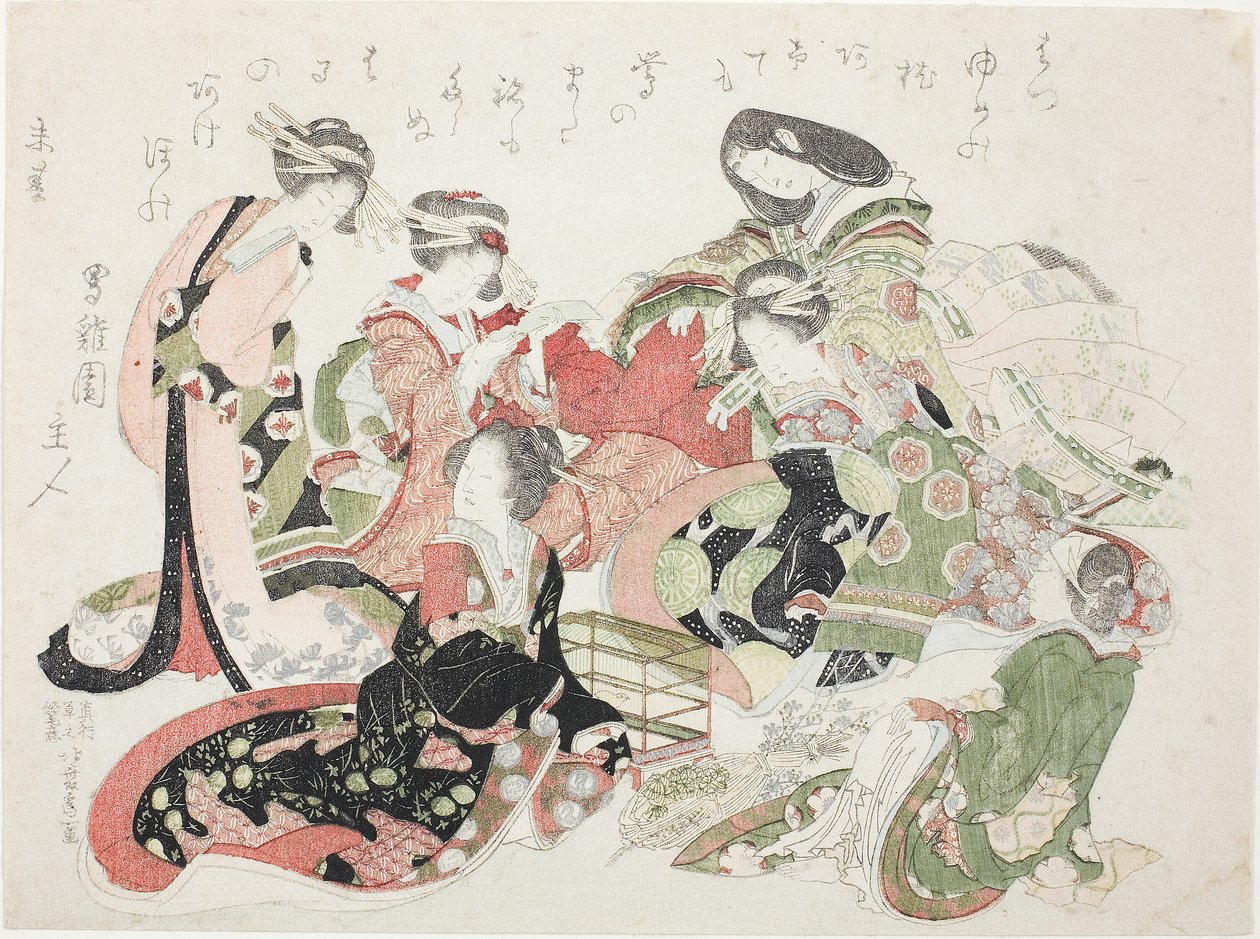 Hat nő ül egy madárkalitka körül alkotó: Katsushika Hokusai
