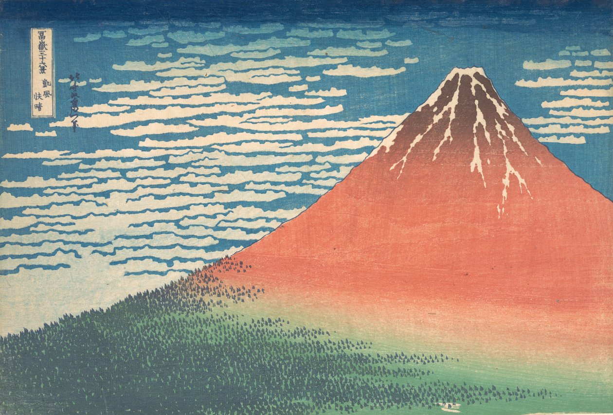 Déli szél, tiszta égbolt Gaifu kaisei, más néven Red Fuji, a Thirt... sorozatból, kb. 1830-32. alkotó: Katsushika Hokusai