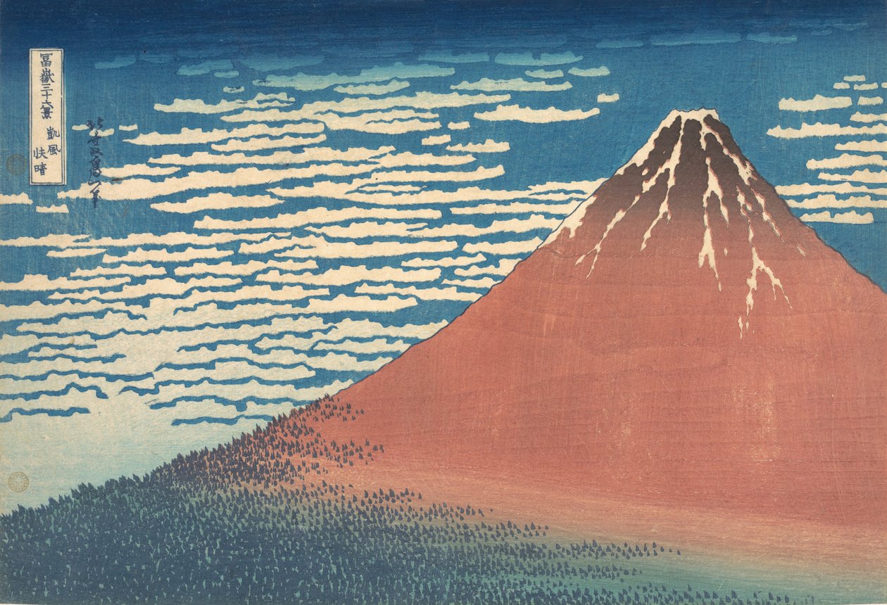 Déli szél, tiszta égbolt Gaifu kaisei, más néven Red Fuji, a Thirt... sorozatból, kb. 1830-32. alkotó: Katsushika Hokusai