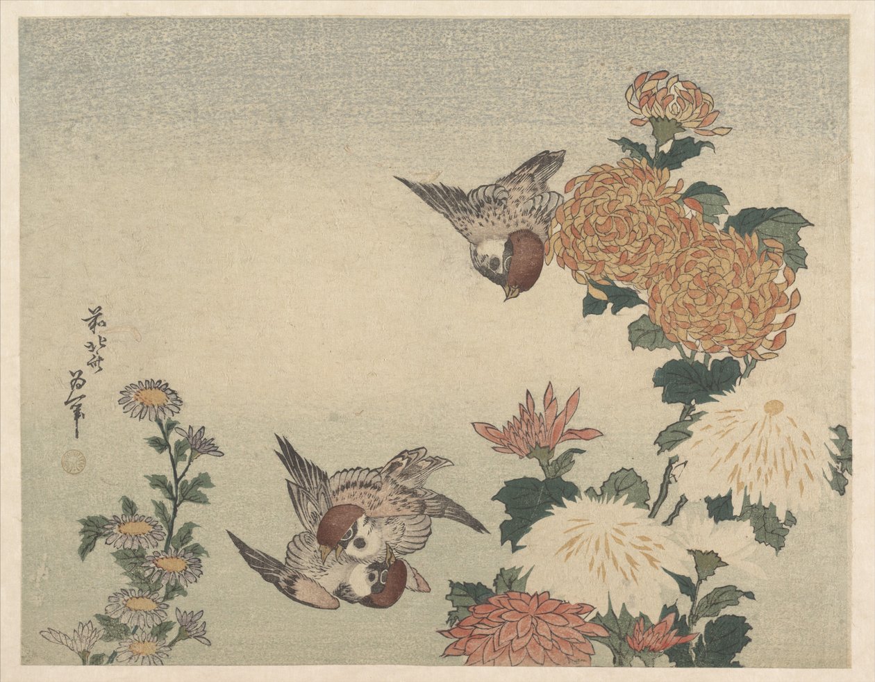 Verébek és krizantémok alkotó: Katsushika Hokusai