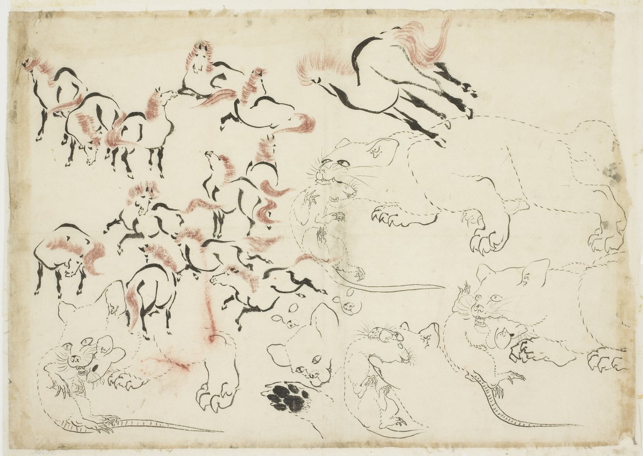 Lovak, macskák és patkányok tanulmányozása (tól "Hokusai Manga"), 1815-1849 körül (tinta és szín papíron) alkotó: Katsushika Hokusai