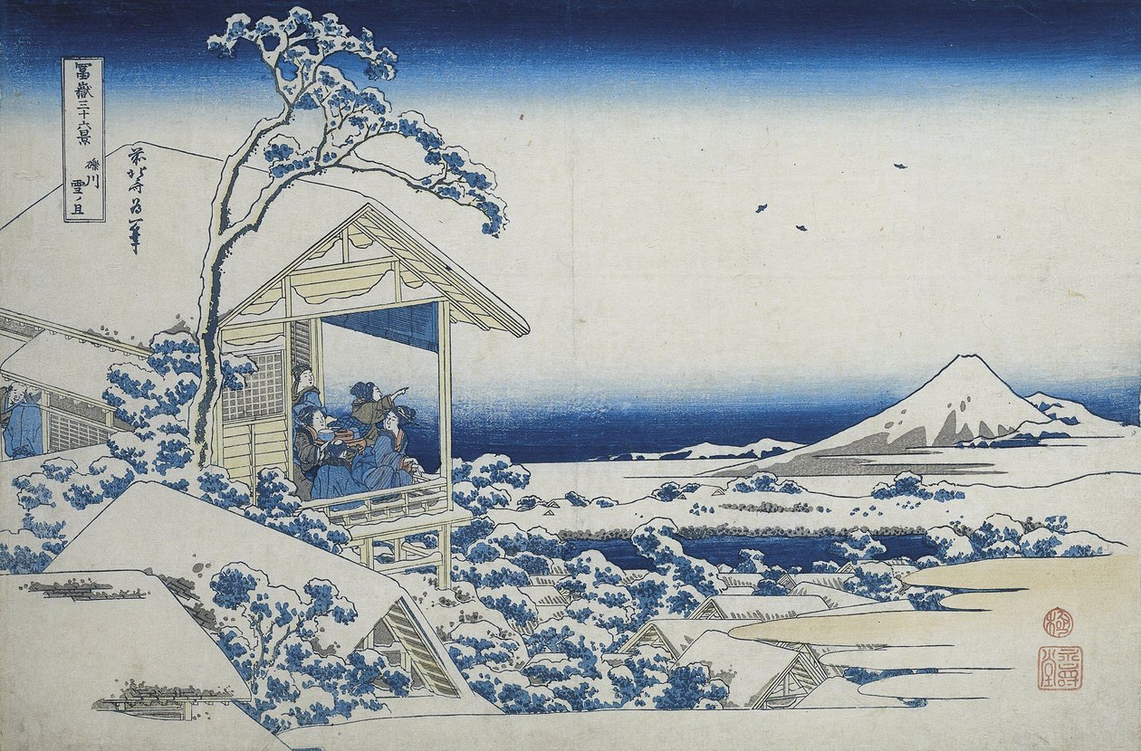Teaház Koishikawában, a havazás utáni reggelen, 1830 körül (fatömbnyomat) alkotó: Katsushika Hokusai